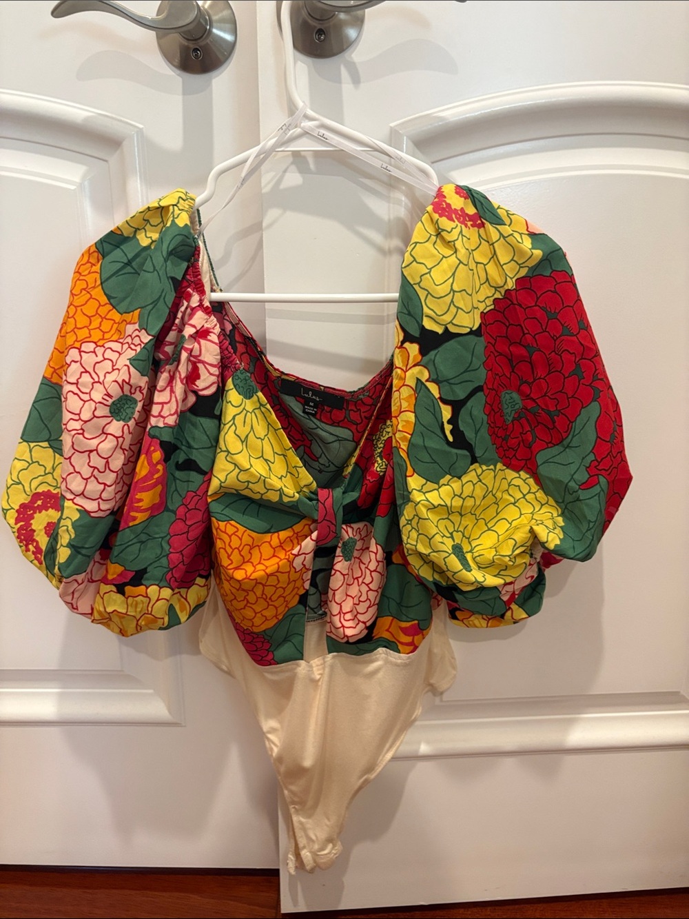 Lulu's Multicolor Floral Puff-Sleeve Bodysuit with Cream Bodice